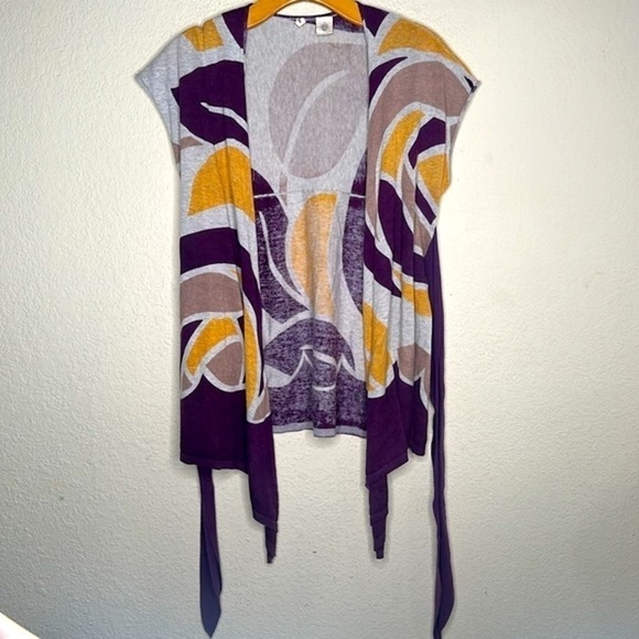 Anthro Moth Wrap Around Sleeveless Cardigan Sweater Lightweight Purple Yellow M - Picture 12 of 15